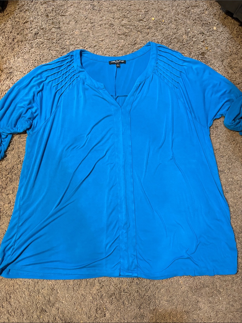 Cable & Gauge Teal V-Neck Blouse with Pintuck Shoulders